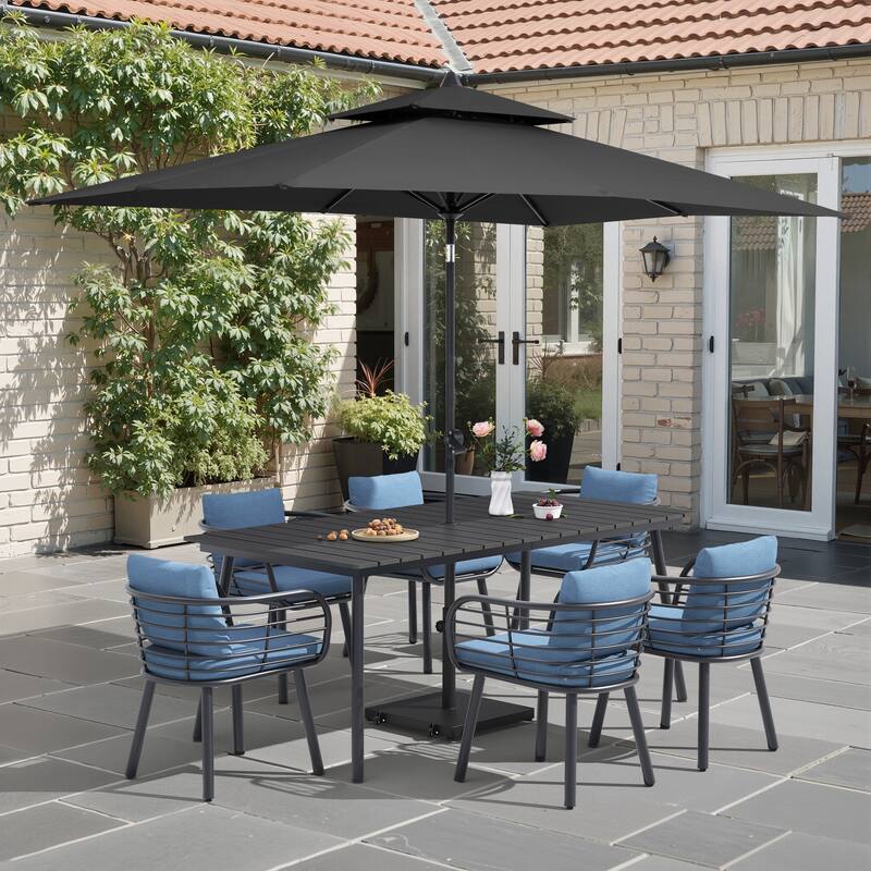 9-Piece Outdoor Patio Dining Set w/10 ft Umbrella and Base Aluminum Dining Table and Chairs with Sunbrella Cushion