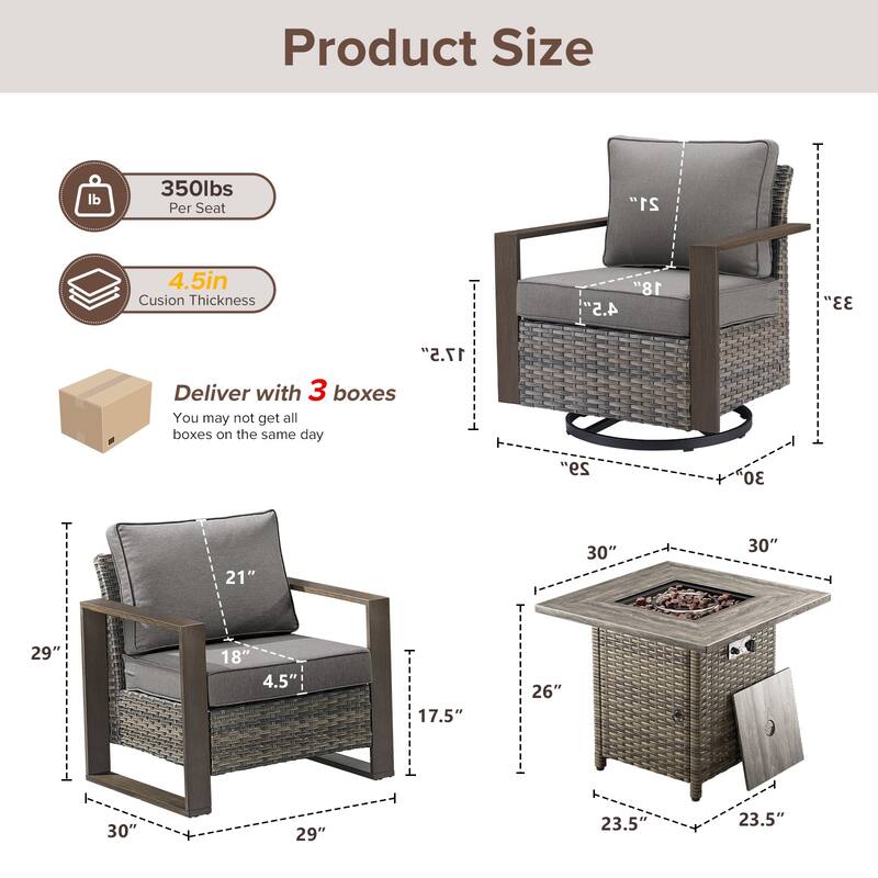 Meyreso 5-Piece Wicker Patio Conversation Set with Fire Pit & Plush 4.5" Olefin Cushions