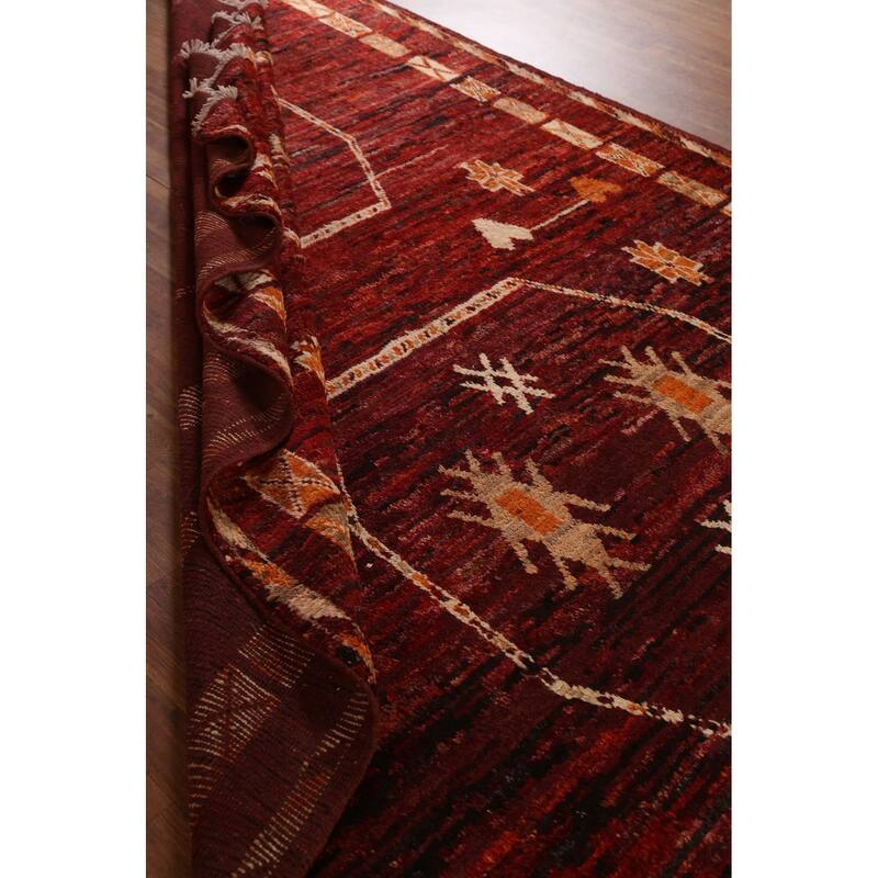 Hand Knotted Oriental 100% Wool Carpet Modern Tribal Red Moroccan Area Rug - 9' 10'' X 7' 0''