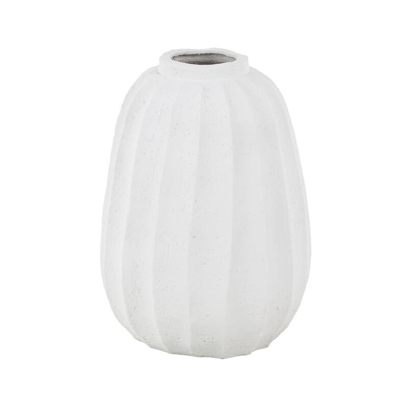 White Magnesium Oxide Wide Decorative Vase with Carved Grooves