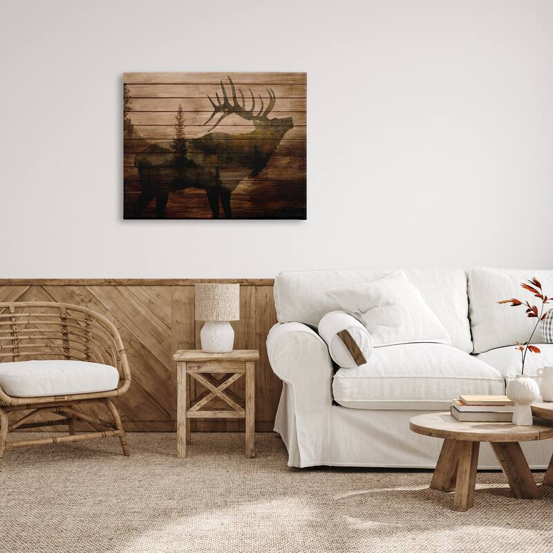 Stupell Forest Elk Silhouette Rustic Plank Pattern Tree Landscape Canvas Wall Art - Brown