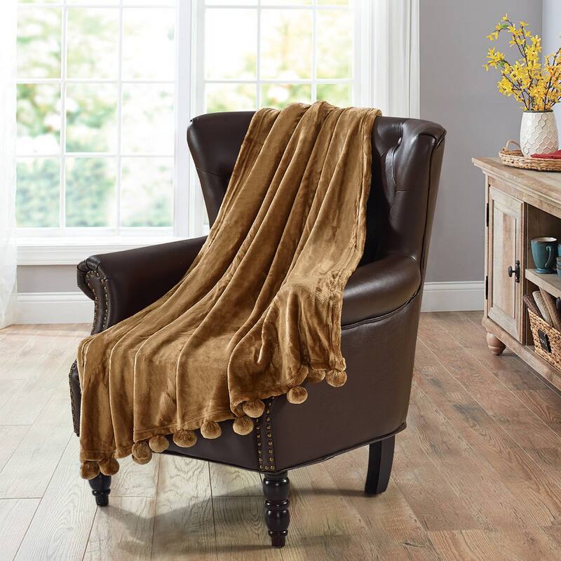 Pompom Flannel Fleece Throw