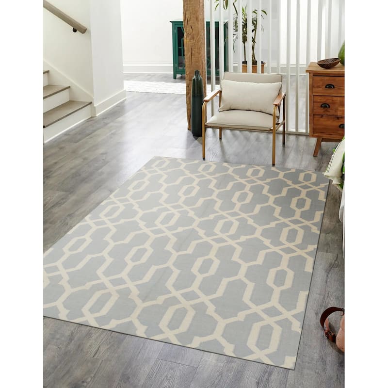Handmade Wool Blue Transitional Geometric Reversible Modern Moroccan Kilim Rug - 5' x 8' - 5' x 8' - Blue/White