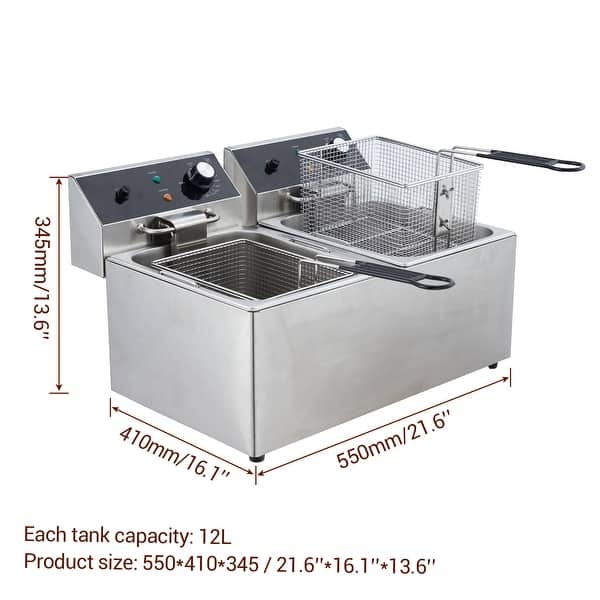24L Electric Deep Fryer, Dual Tank Stainless Steel Commercial Fryer with Basket and Lid