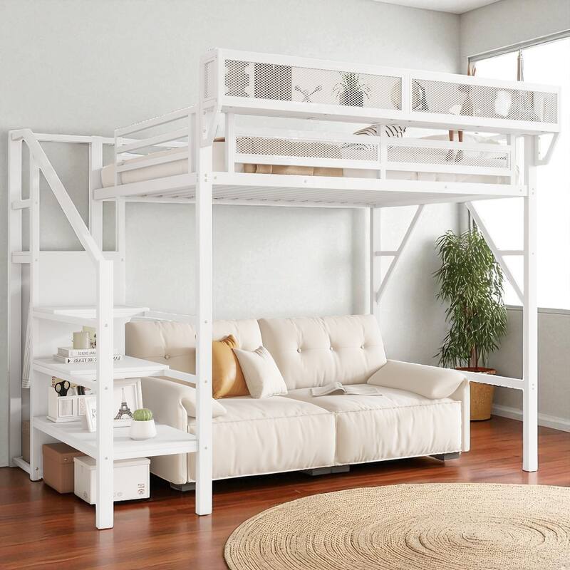 Twin Size Loft Bed with Stairs and Storage Shelves, Metal High Loft Bed with Wardrobe for Kids and Teens