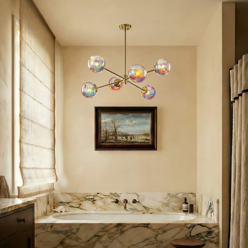 6-Light Modern Brass Iridescent Rainbow Glass Sputnik Chandelier for Dining Roomm - 6 Light
