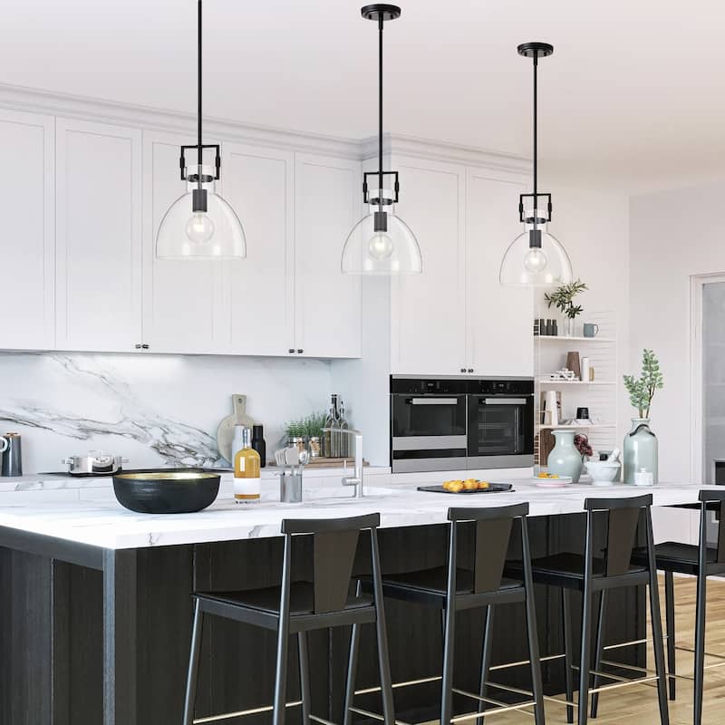 Matte Black 1-Light 10 Inch Bowl Shaped Clear Glass Pendant