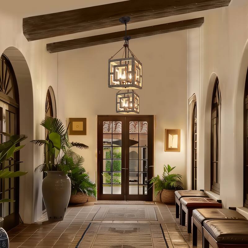 Modern Farmhouse 4-Light Pendant Wood Rustic Square Island Lights - W 13.5" x D 13.5" x H 26"