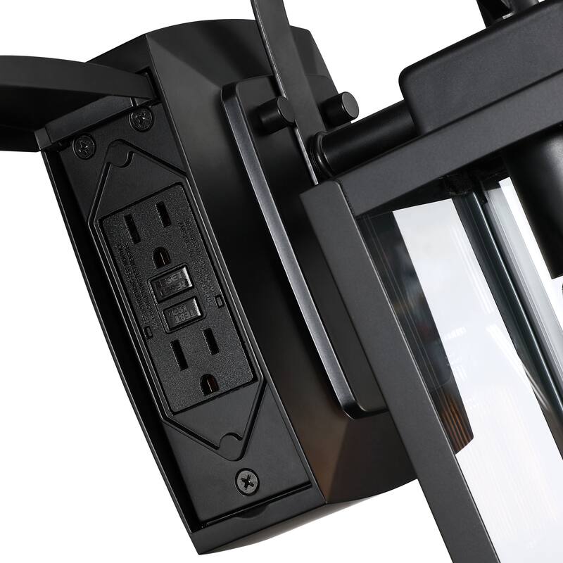 2 Pack 1-Light Outdoor Wall Lantern with Built-In GFCI Outlets - Matte Black