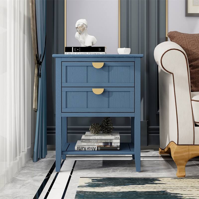 American Style 2 Drawer Side Table,Storage End Table with Open Shelf