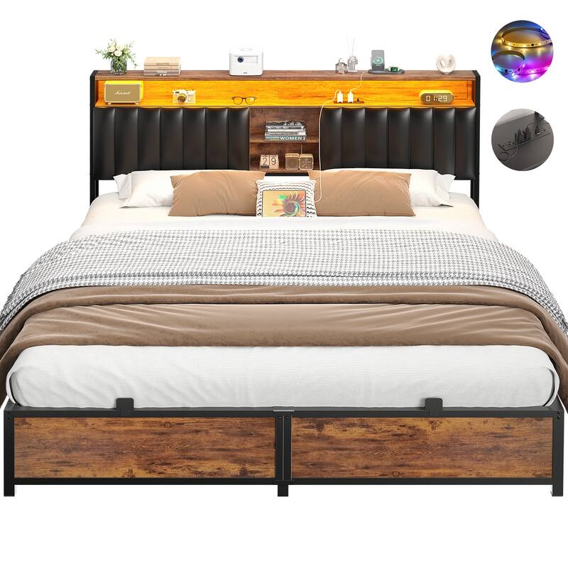 Upholstered Bed Frame with Storage Shelving, Platform Beds with Charge Station and LED Lights