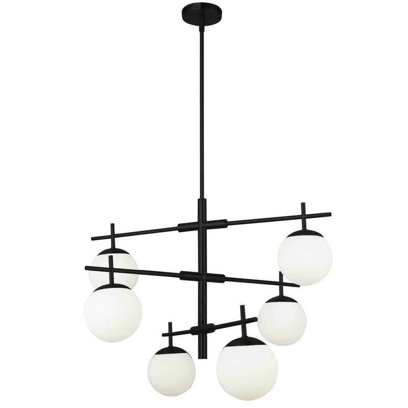 Chandelier - Matte Black Halogen Light Fixture with Opal Glass Shades - 9