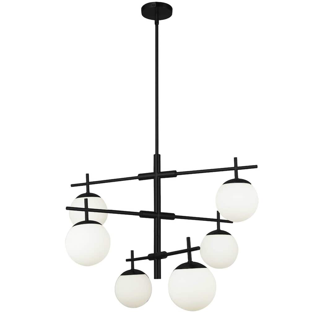 Chandelier - Matte Black Halogen Light Fixture with Opal Glass Shades - 9