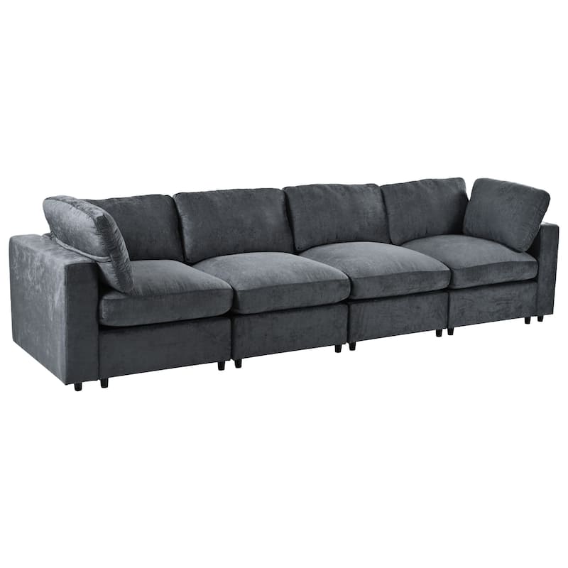 Modular Sofa with Charging Ports & Bluetooth Speaker, 4 Seat Straight Row Sectional Sofa Convertible L-Shaped Sleeper Couch