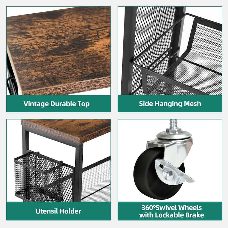 Moasis Wood Rolling Kitchen Cart with Wooden Tabletop and Mesh Baskets