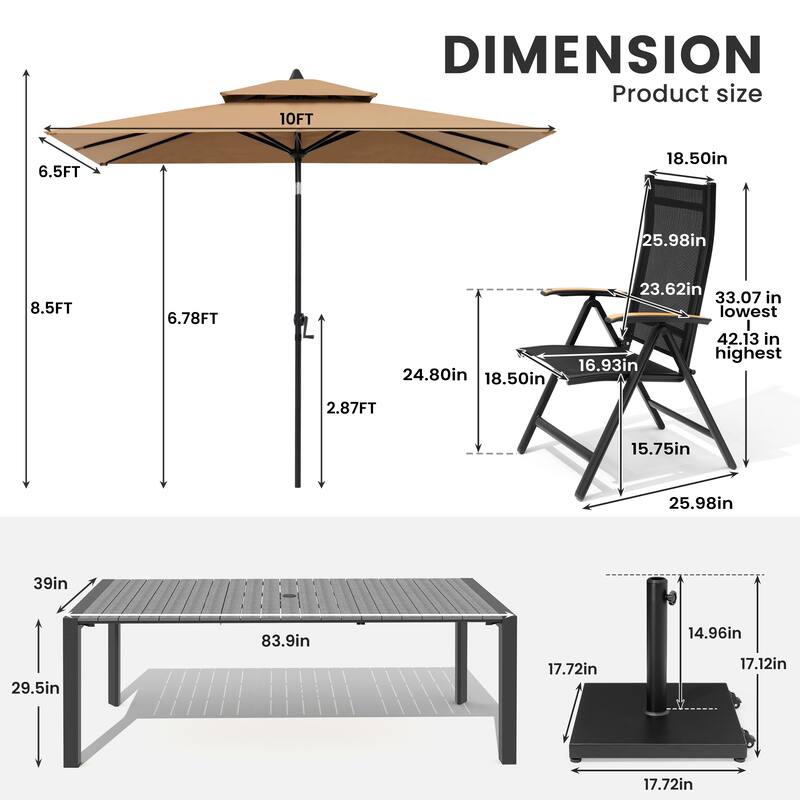 9/11-Piece Outdoor Patio Dining Set Aluminum Dining Table and Chairs w/10 ft Market Umbrella and Base with Wheels