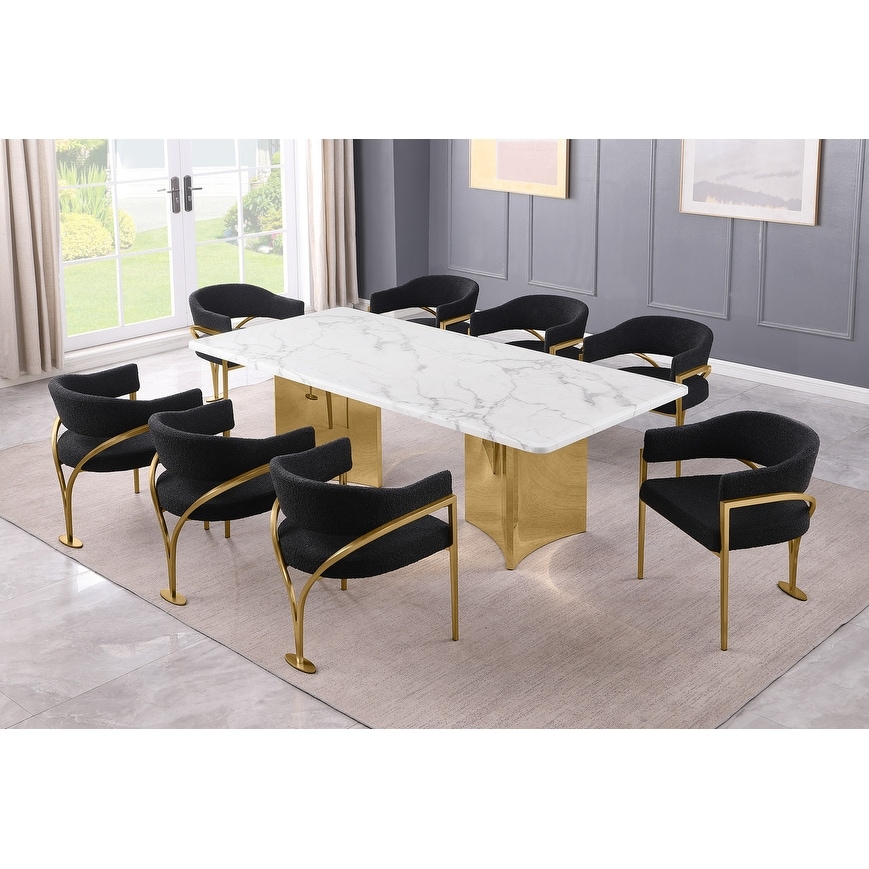 Best Quality Furniture White Marble 9pc Dining Set Boucle Fabric