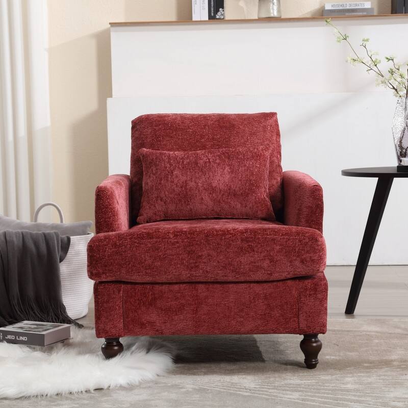 Mid Century Modern Chenille Fabric Armchair with Solid Wood Frame