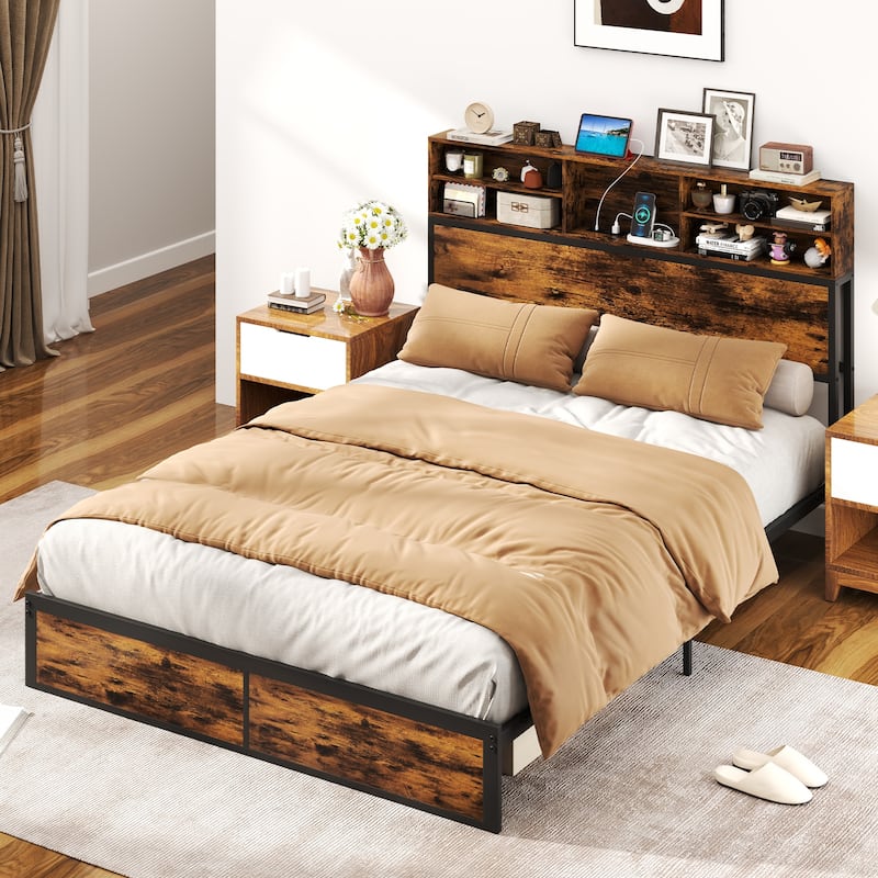 Metal Platform Bed Frame with Headboard Storage and USB Charging Ports - Queen