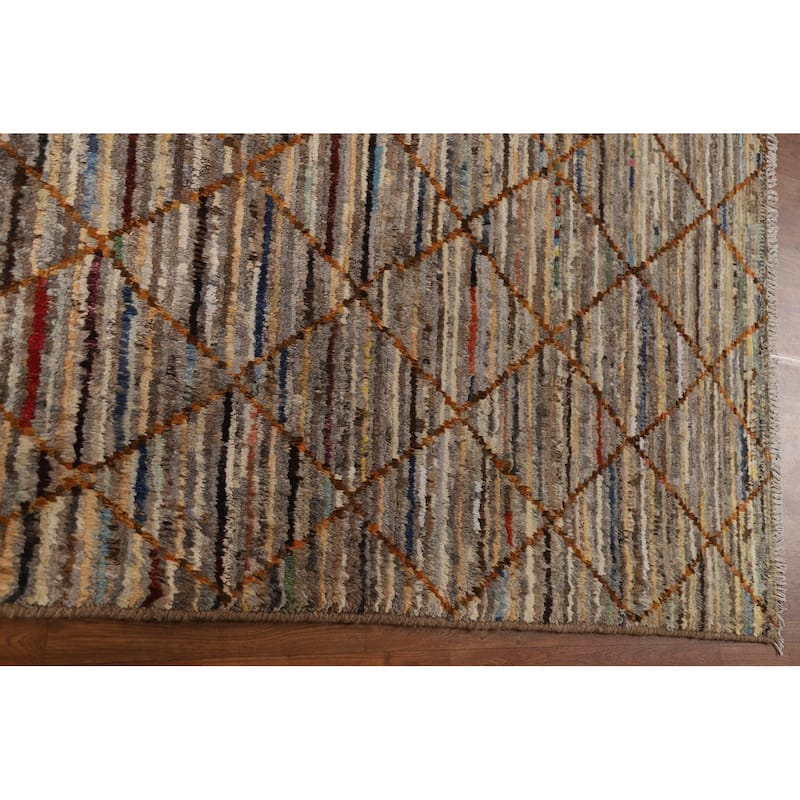 Hand Knotted Oriental 100% Wool Carpet Modern Stripe Multi-Colored Moroccan Area Rug - 9' 9'' X 6' 7''