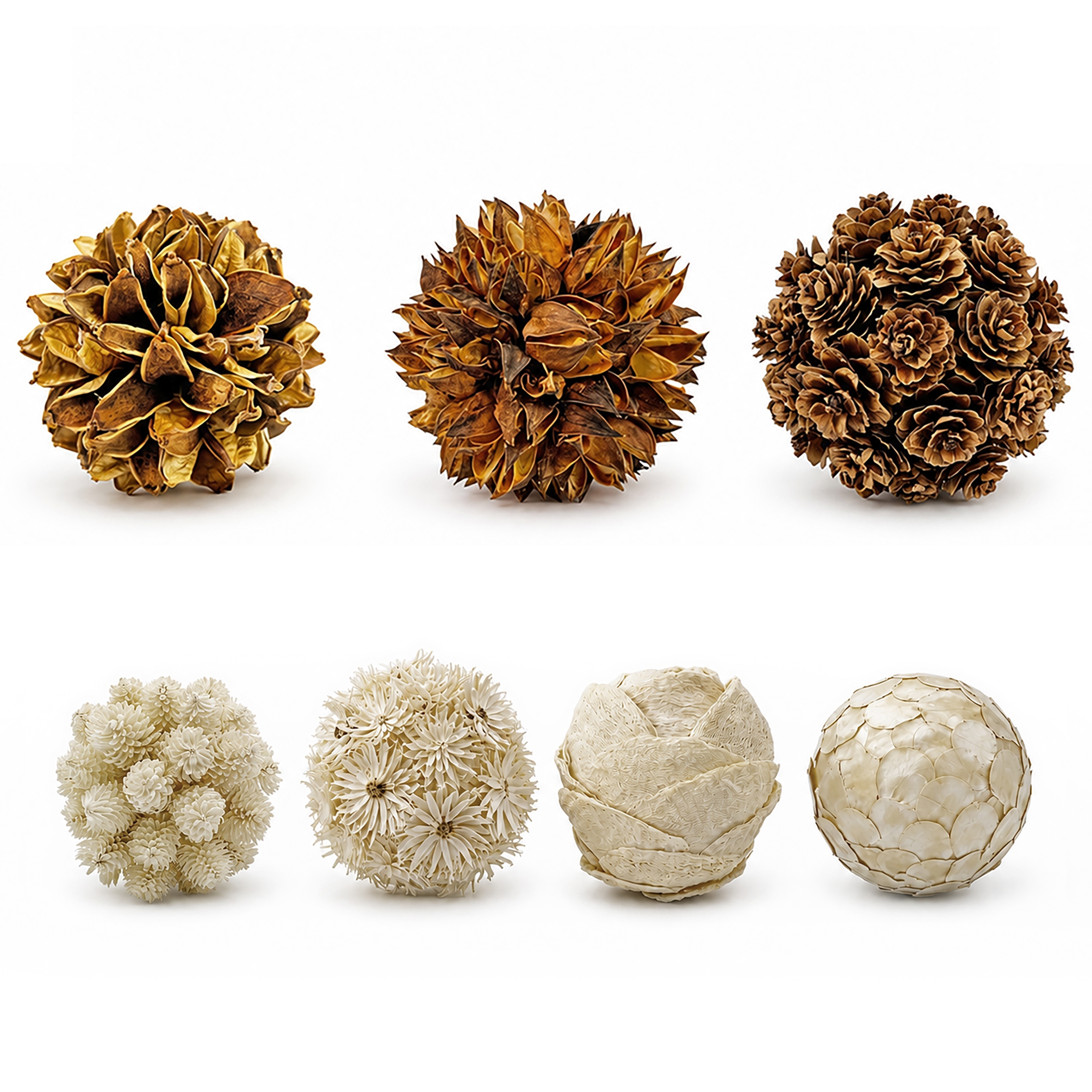 Handmade Preserved Topiary Balls – Decorative Floral & Botanical Orbs in Brown and White – Bowl Filler Set of 7