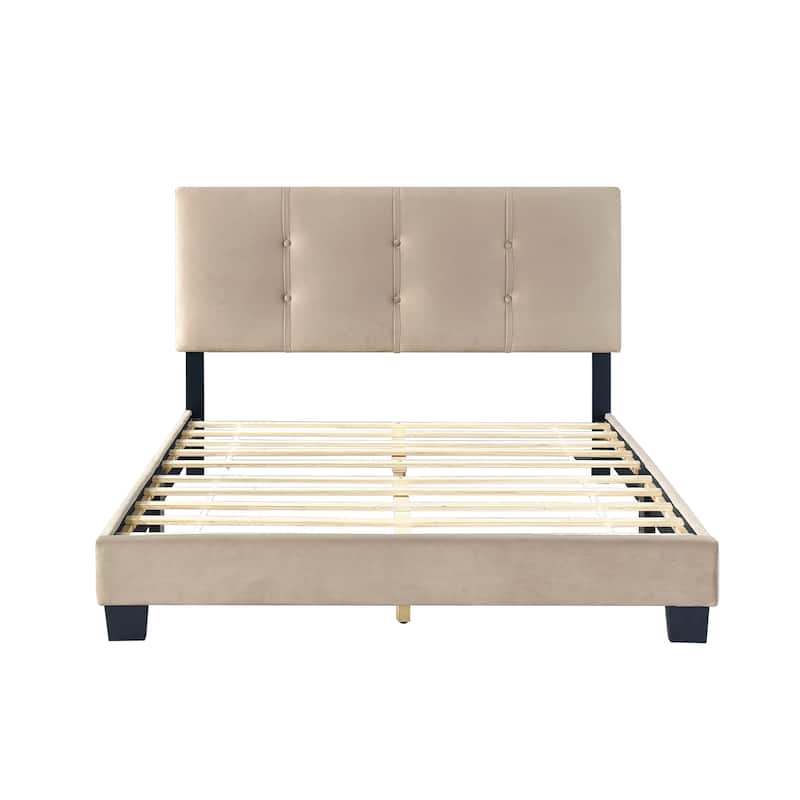 Full Size Velvet Platform Bed with Adjustable Height Headboard and Button Tufted Design