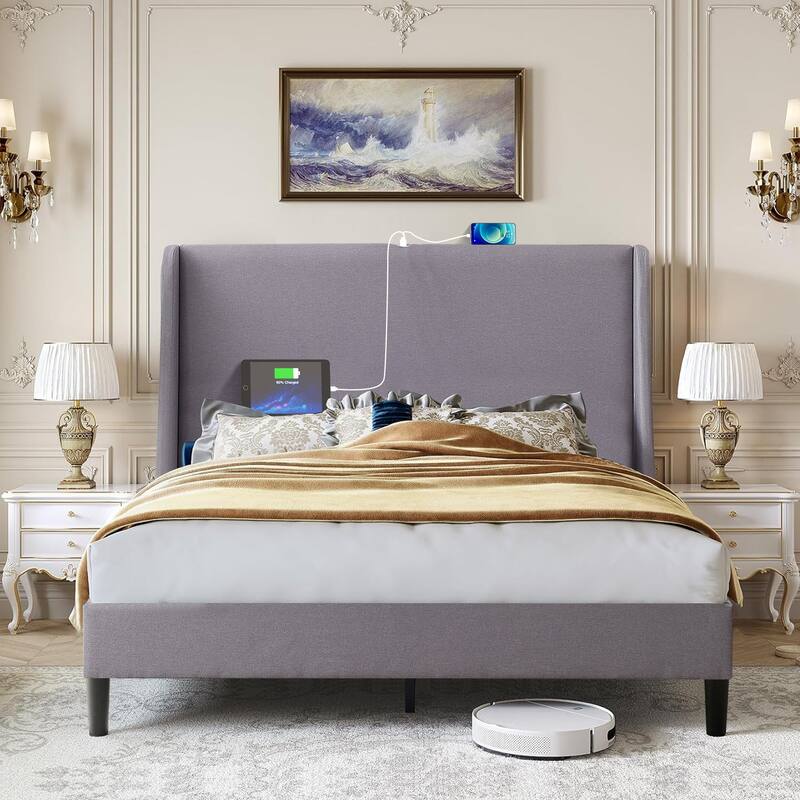 VECELO Bed Frame with Upholstered Wingback Headboard,Platform Bedframe with Charging Station & Side Pockets - Grey - Full