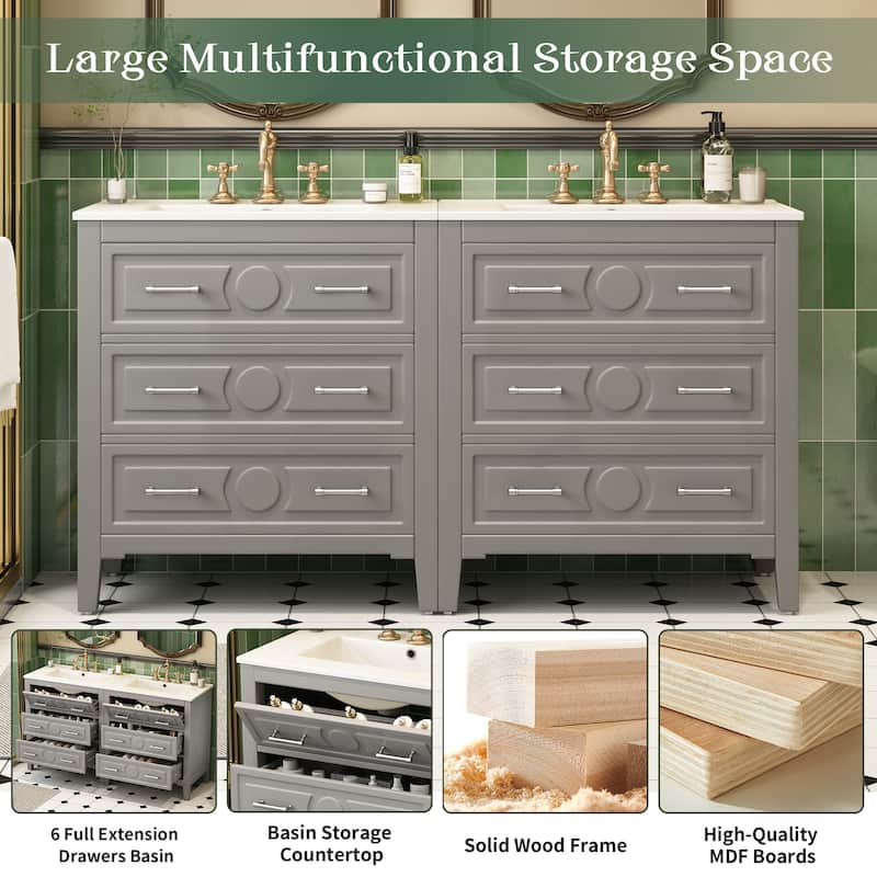 60 Inch Bathroom Vanity with Sink, Solid Wood Cabinet with Ceramic Basin, 3-Drawer Retro Style Storage
