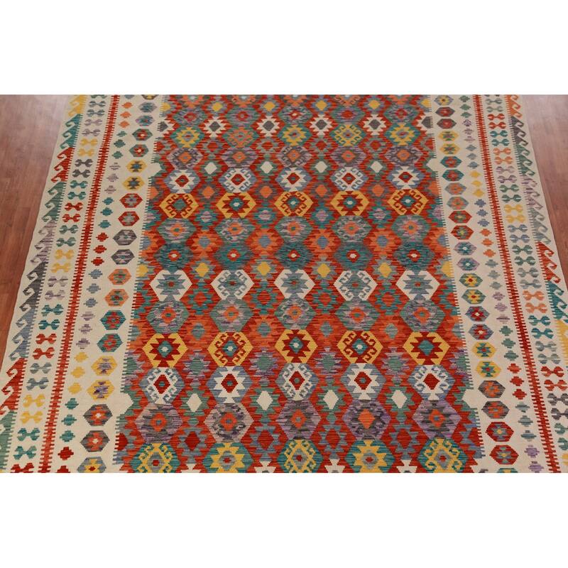 Kilim Oriental Area Rug Hand-Woven Geometric Wool Carpet - 10'3"x 13'1"
