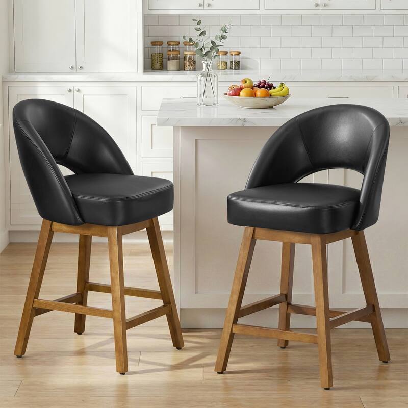 Upholstered Swivel Counter Height Bar Stools with Cutout Back and Solid Wood Frame - 38.2"H x 22.1"W x 23.6"D