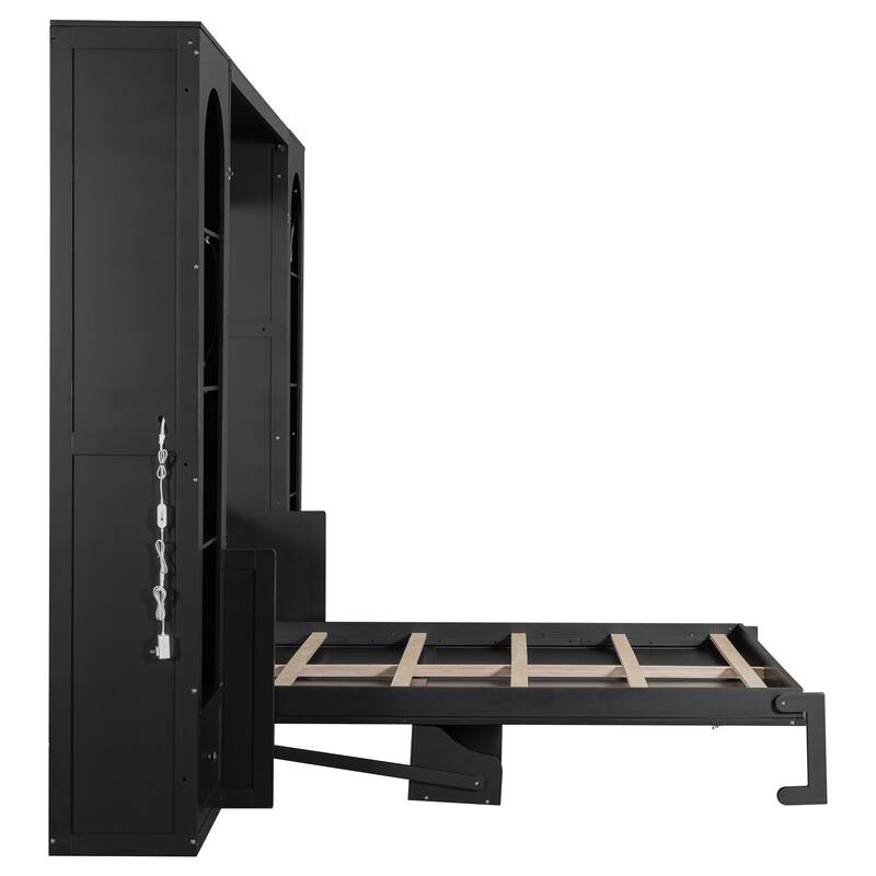 Queen Size Murphy Platform Bed, Hidden Murphy Wall Bed Cabinet with LED Storage Shelves and Drawers, Wood Folding Hideaway Beds