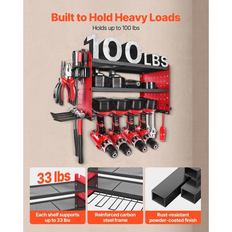 3-Tier Wall Mounted Power Tool Rack with Adjustable Shelf and 4 Drill Slots Pegboard Hooks - 23.31” x 8.66” x 12.01”