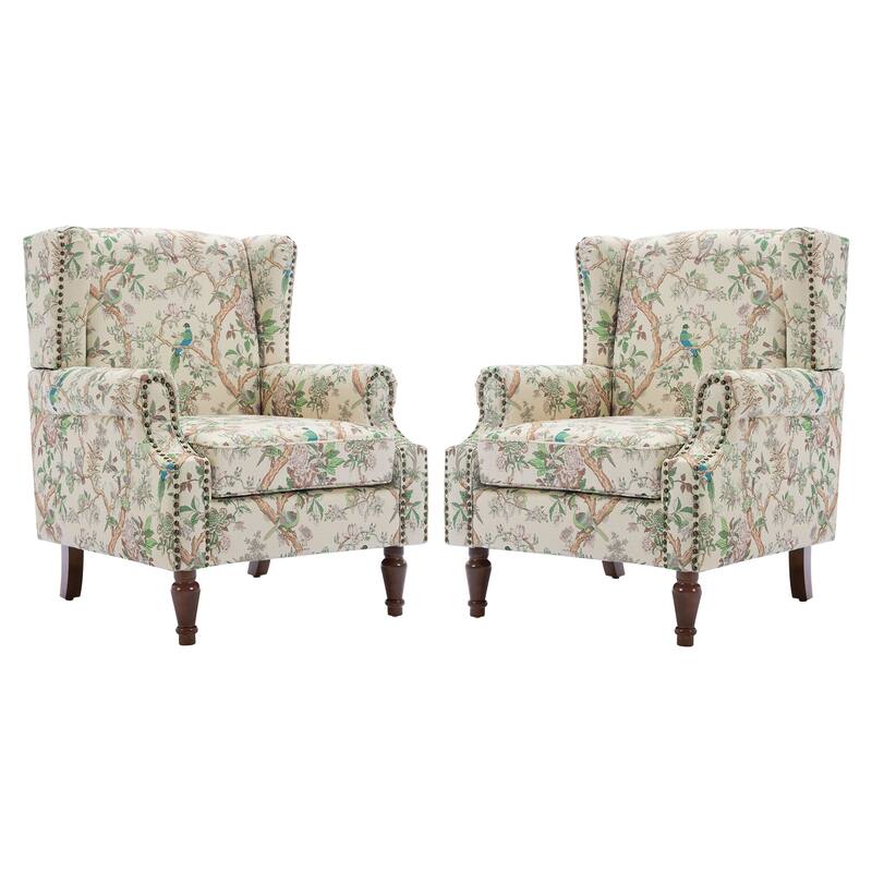 2 Set Transitional Patterned Wingback Accent Chairs with NailHead