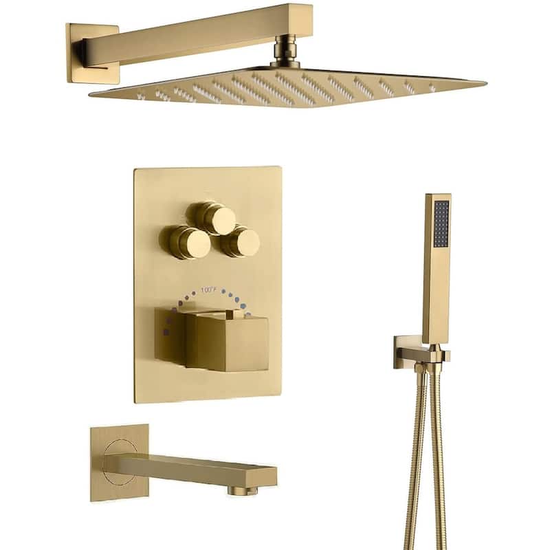 Brushed Gold Mount 16" Rainfall Head 3 Way Thermostatic Shower Faucet Set with Tub Spout - Brushed Gold