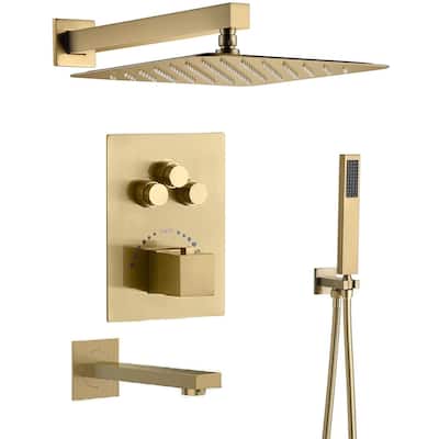 Brushed Gold Mount 16" Rainfall Head 3 Way Thermostatic Shower Faucet Set with Tub Spout - Brushed Gold