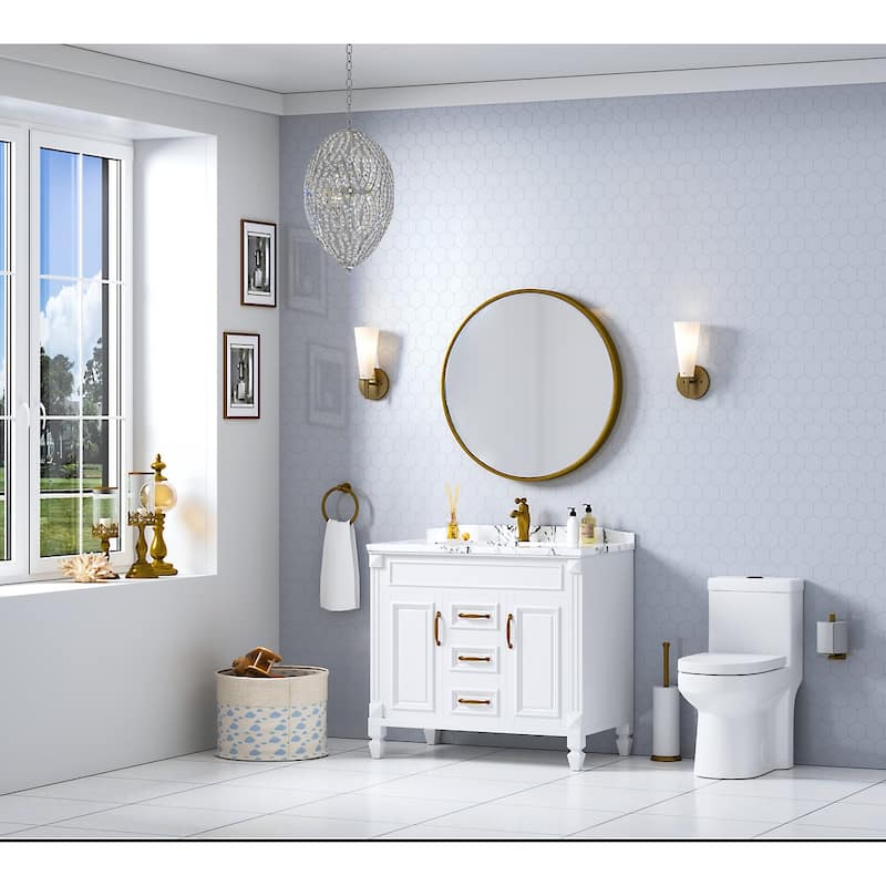 HOROW 1-Piece 0.8/1.28 GPF High Efficiency Dual Flush Toilet in White with Soft-Close Seat and Brushed Gold Push Button