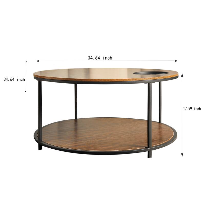 Round Coffee Table with Storage Tray and Lower Shelf Two Tier Modern Design