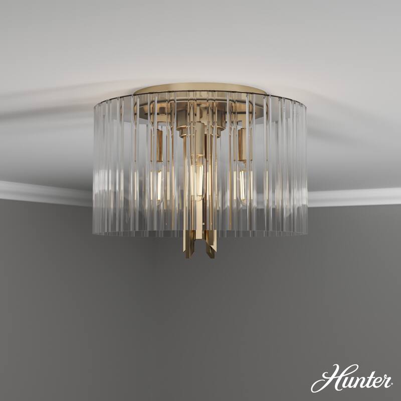Hunter Gatz Ribbed Glass 4-Light Flush Mount Ceiling Light, Low Profile - Modern, Glam, Fluted Glass - Alturas Gold