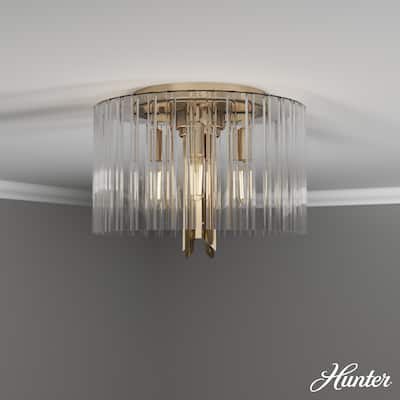 Hunter Gatz Ribbed Glass 4-Light Flush Mount Ceiling Light, Low Profile - Modern, Glam, Fluted Glass