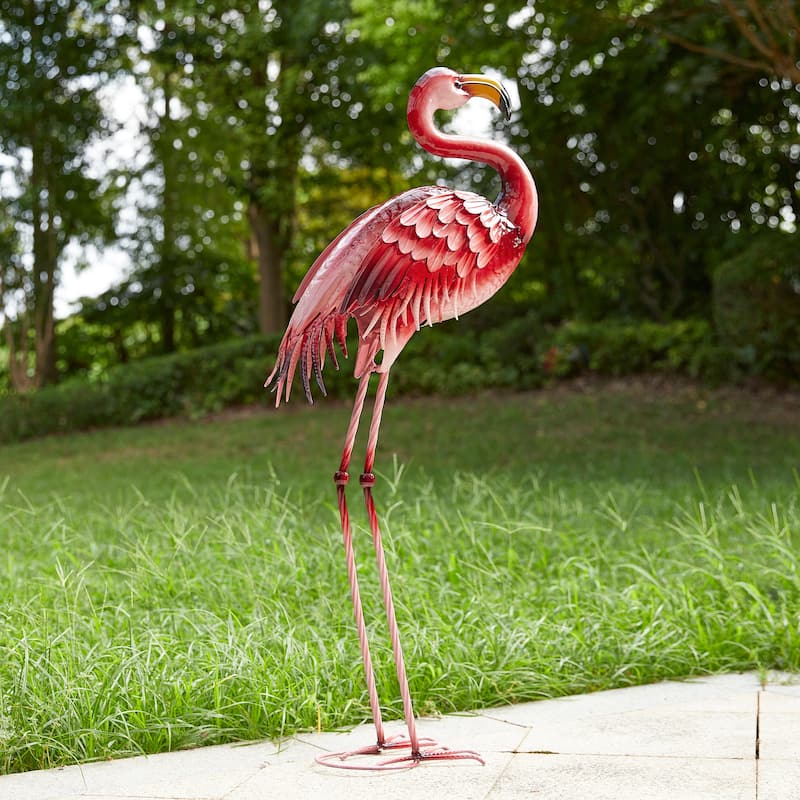 Glitzhome Metal Standing Crane Flamingo Garden Statue with Stakes Yard Art Sculpture Porch Decor