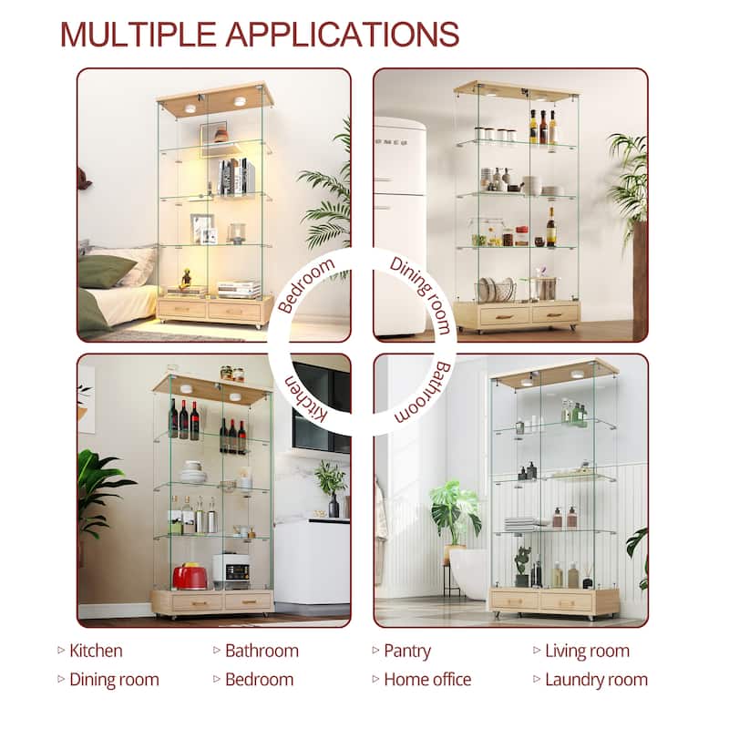 65.9" Modern Glass Display Cabinet with LED Lights, 2 Lockable Drawers & 4 Shelves, Curio Storage Case