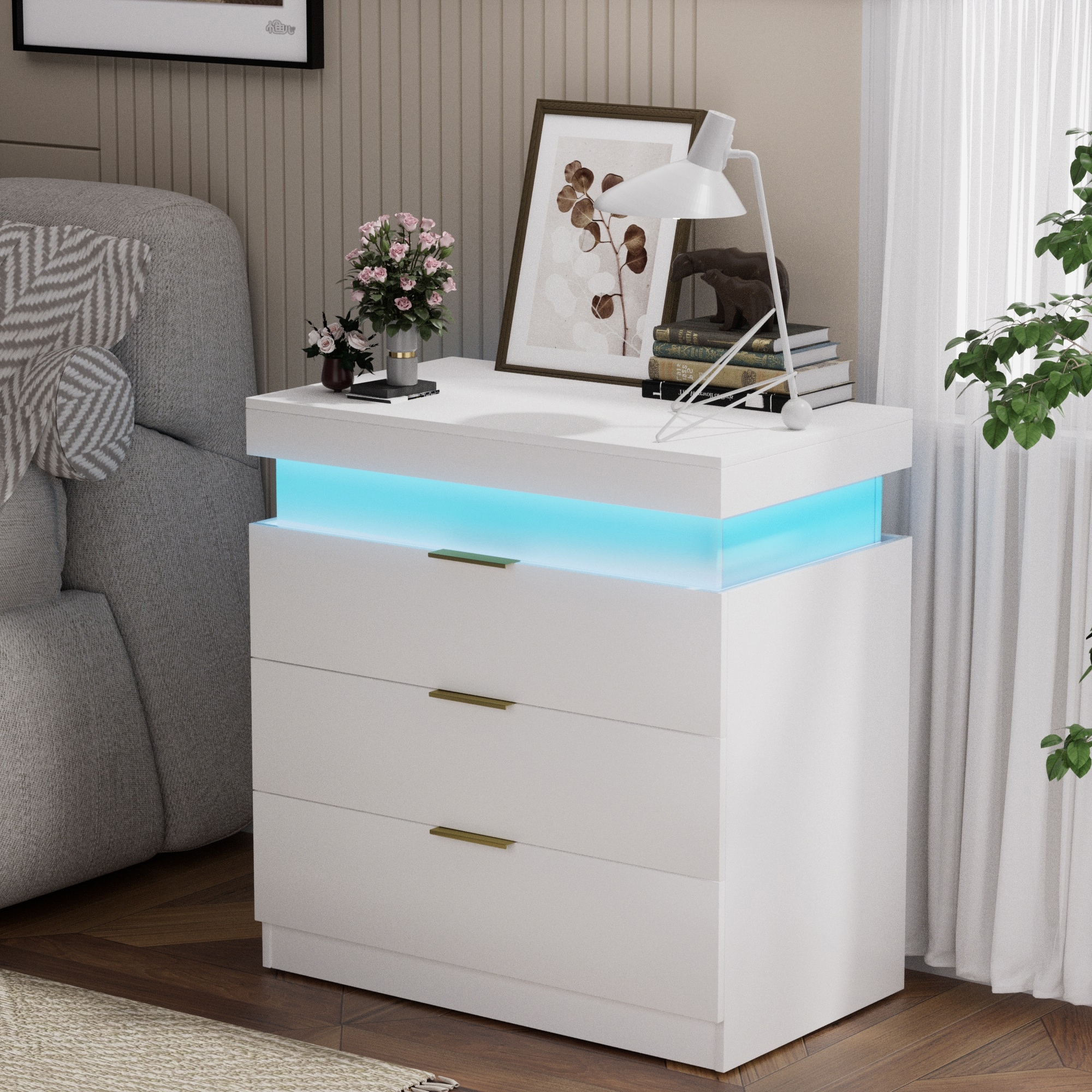 Nightstand with Charger Station and LED Lights, Bedside Storage Cabinet with Sliding Top, Wooden End Table with Drawers聽