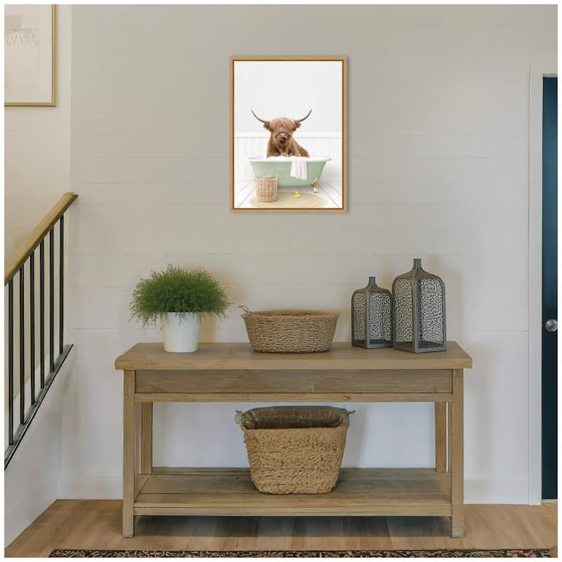 Kate and Laurel Sylvie Highland Cow in Cottage Green Bathtub Framed Canvas by Amy Peterson