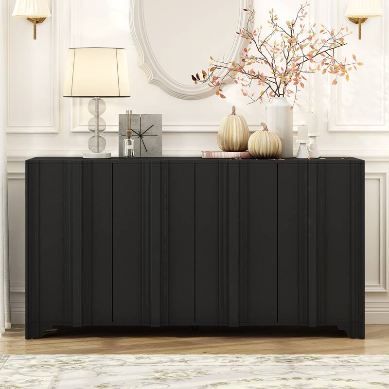 Sophisticated 4-Door Sideboard Adorned with Intricate Linear Accents and Luxurious Multi-Layered Pine Veneer Design Elements - Black