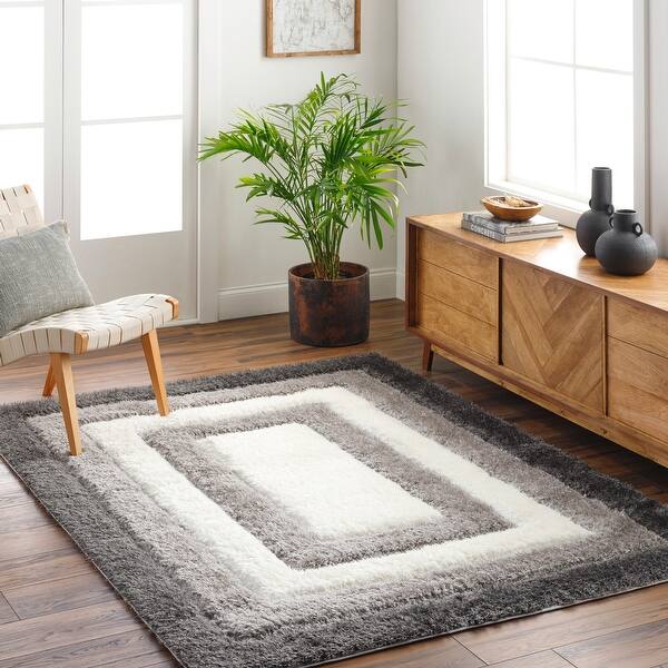 slide 2 of 6, Livabliss Bologna Border Stripes Plush Area Rug Grey/Cream - 5' 3" x 7'