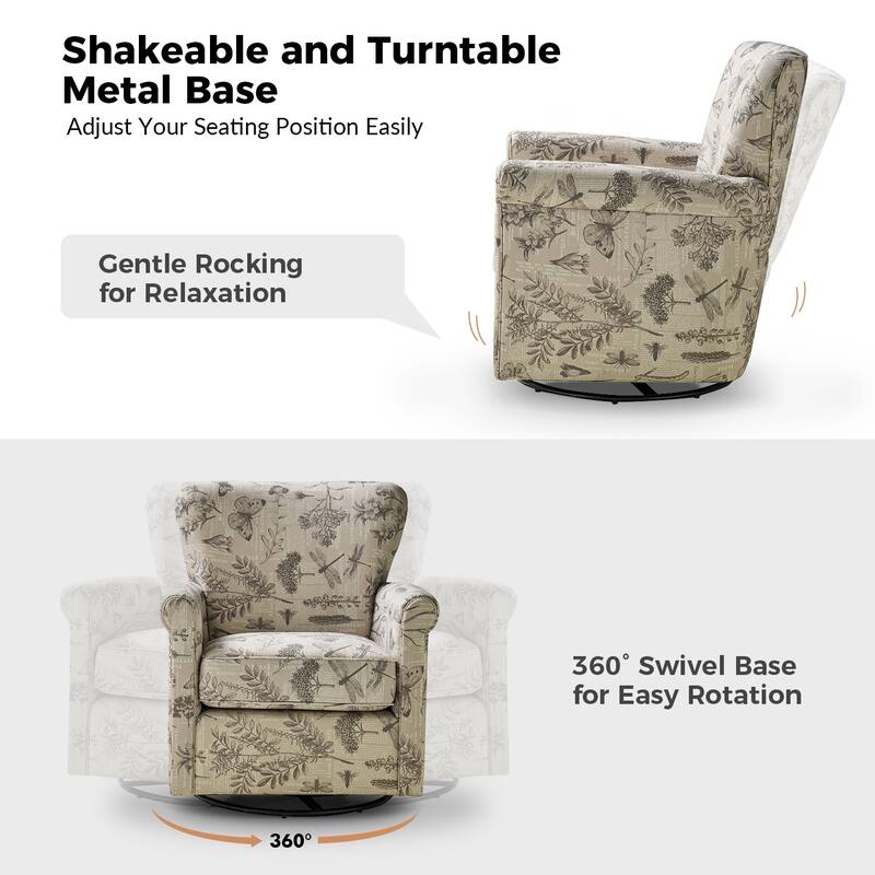 Georg Comfortable Floral Fabric Swivel Rocker Chair with Rolled Armrest by HULALA HOME