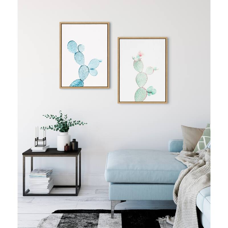 Kate and Laurel Sylvie Blue Cactus Framed Canvas by Simon Te Tai - Natural
