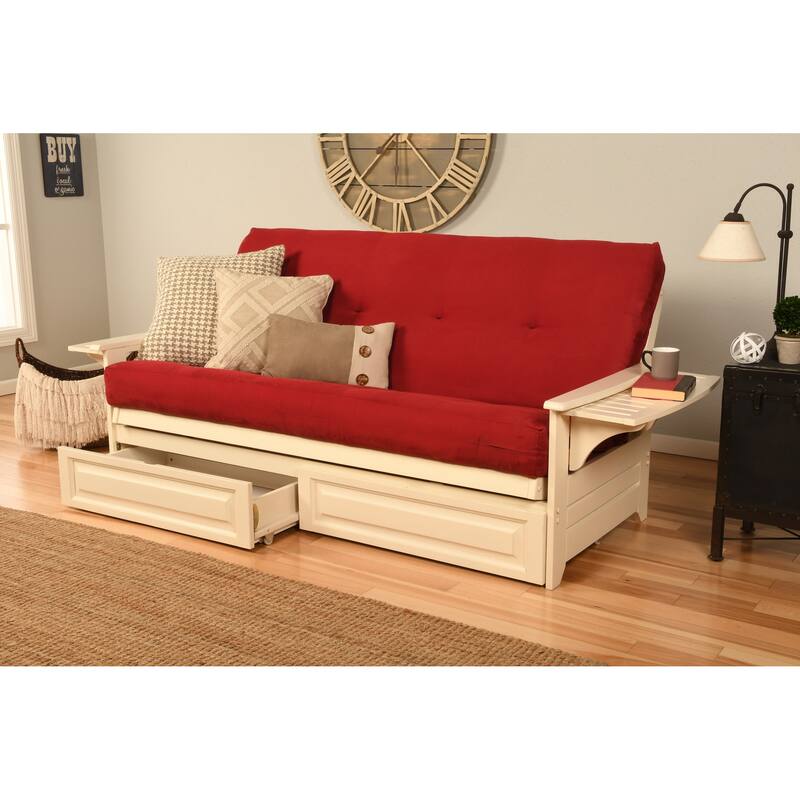 Somette Phoenix Futon Set in Antique White Wood with Innerspring Mattress and Storage Drawers