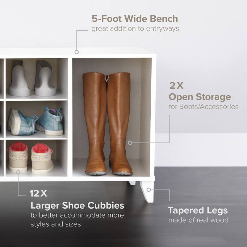 Prepac 14 Cubby Shoe Storage Bench 15" D x 60" W x 21.25" H - 60 in W x 21.25 in H x 15 in D