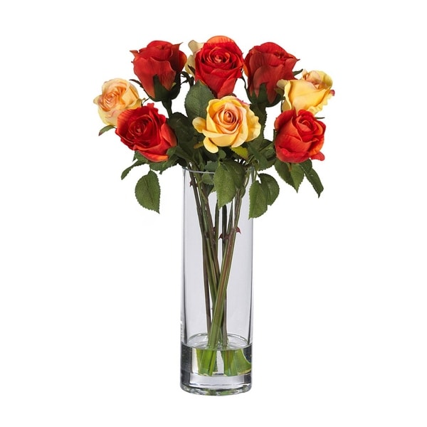 Nearly Natural Multi Roses with Glass Vase Silk Flower Arrangement